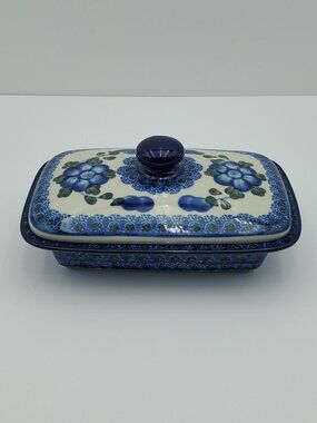 Polish Pottery Blue Poppies Lidded Dish Trinket Box Covered Butter Dish